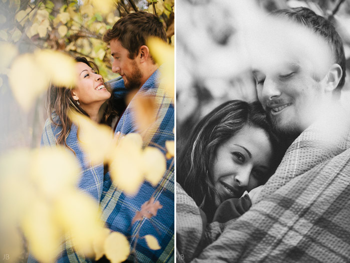 engagement session in the woods, surrounding a fire with smores and flannel in autumn