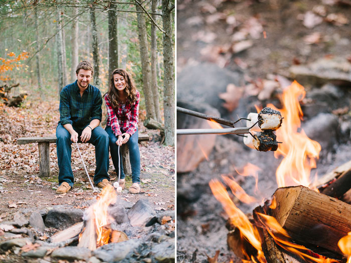 engagement session in the woods, surrounding a fire with smores and flannel in autumn