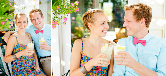 enjoying lemonade on porch under a vine summer engagement session shot on Fuji 400H
