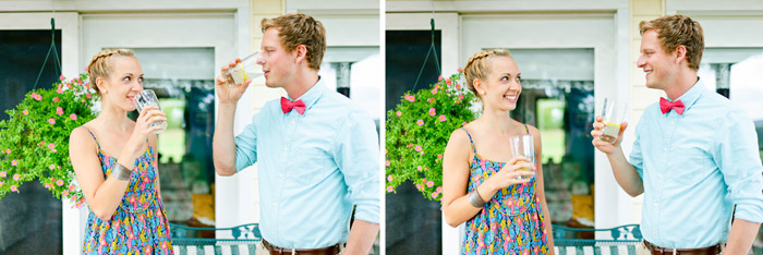 enjoying lemonade on porch under a vine summer engagement session shot on Fuji 400H