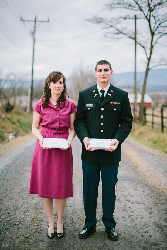 fuji 400h look military couple in uniform with letters they wrote to each other 1950s engagement photo shoot