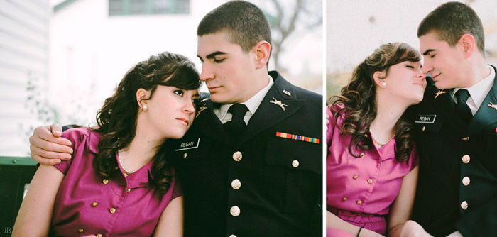 fuji 400h military couple in uniform with letters they wrote to each other 1950s farmhouse engagement photo shoot
