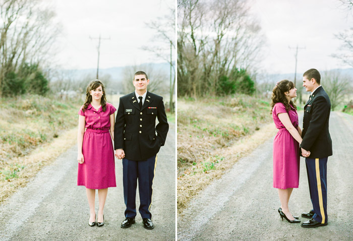 fuji 400h military couple in uniform with letters they wrote to each other 1950s farmhouse engagement photo shoot