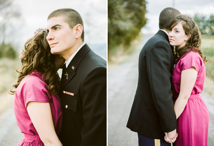 fuji 400h military couple in uniform with letters they wrote to each other 1950s farmhouse engagement photo shoot