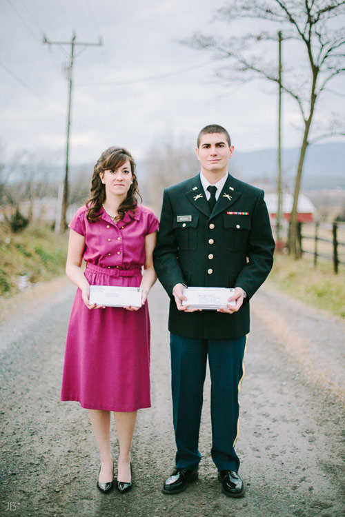 fuji 400h military couple in uniform with letters they wrote to each other 1950s farmhouse engagement photo shoot