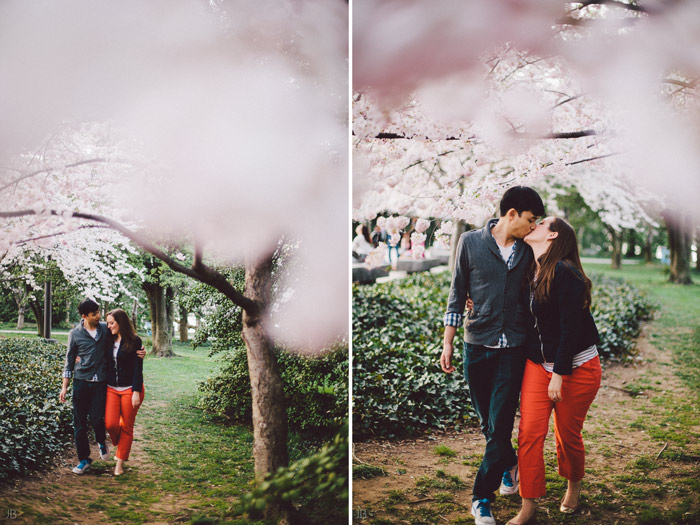 couple kissing in the cherry blossoms in Washington DC on the Tidal Basin