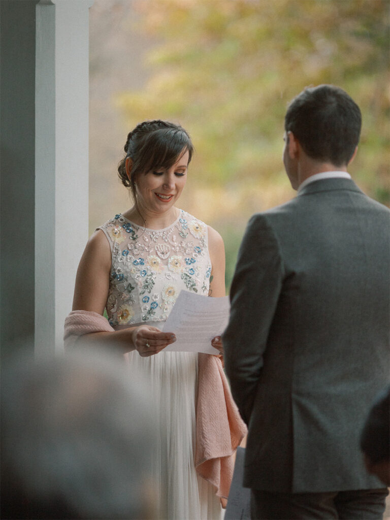 Bride reading vows at Francis Cope house at Awbury Arboretum - Philadelphia - Fuji400h - natural edit