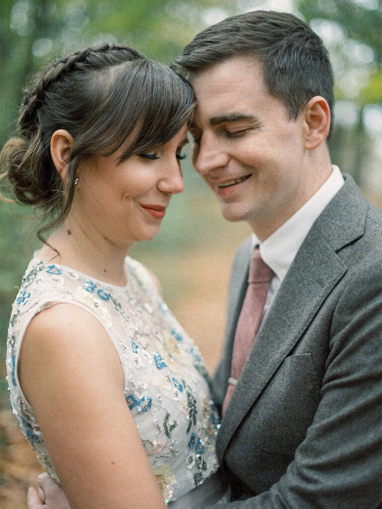 bride and groom portrait at Awbury Arboretum on rainy day - Fuji400h - natural edit