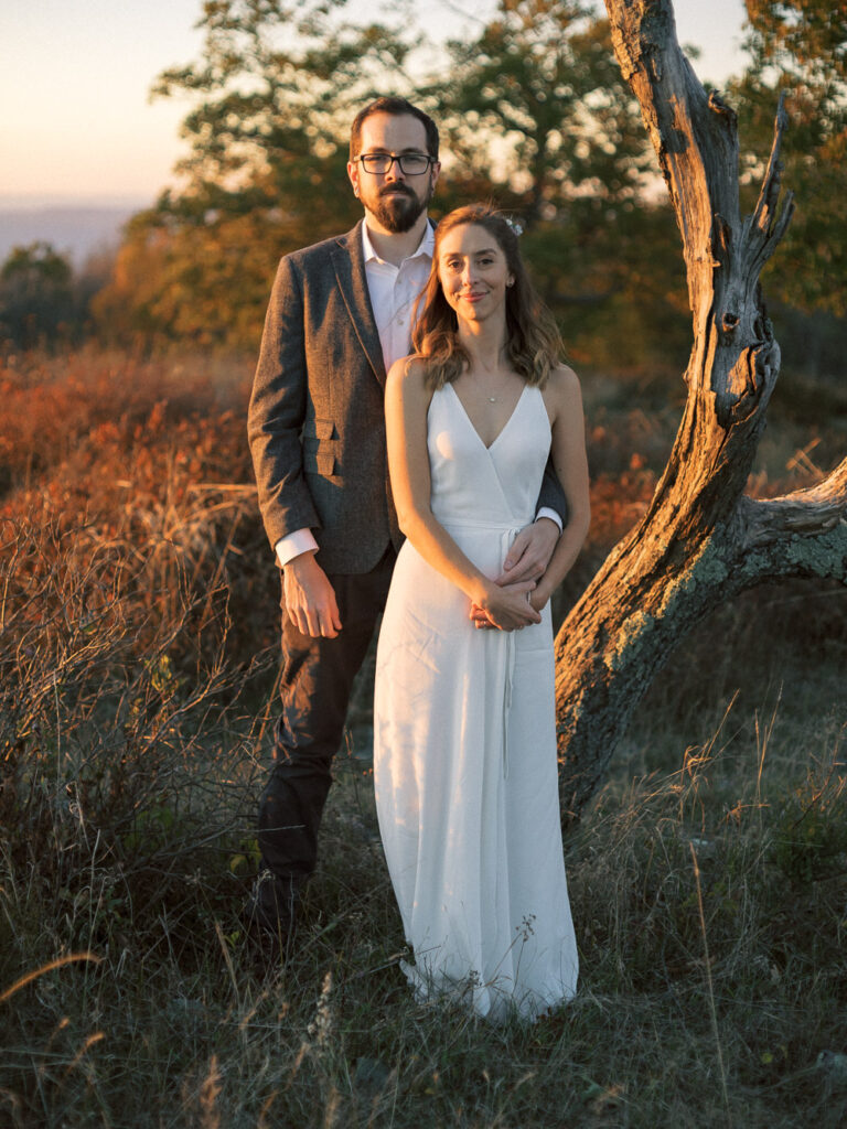 bride and groom portrait at sunset elopement in Big Meadows Virginia - Shenandoah national park - natural edit