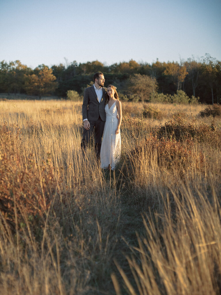 Bride and groom sunset portrait - Shenandoah National Park elopement - natural edit