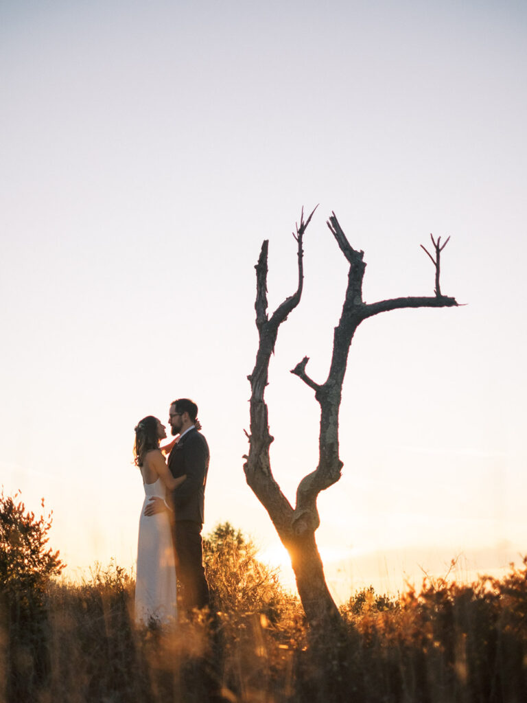 Bride and groom silhouette - Sunset elopement in Shenandoah National Park elopement - Fuji400h - film based wedding photographer