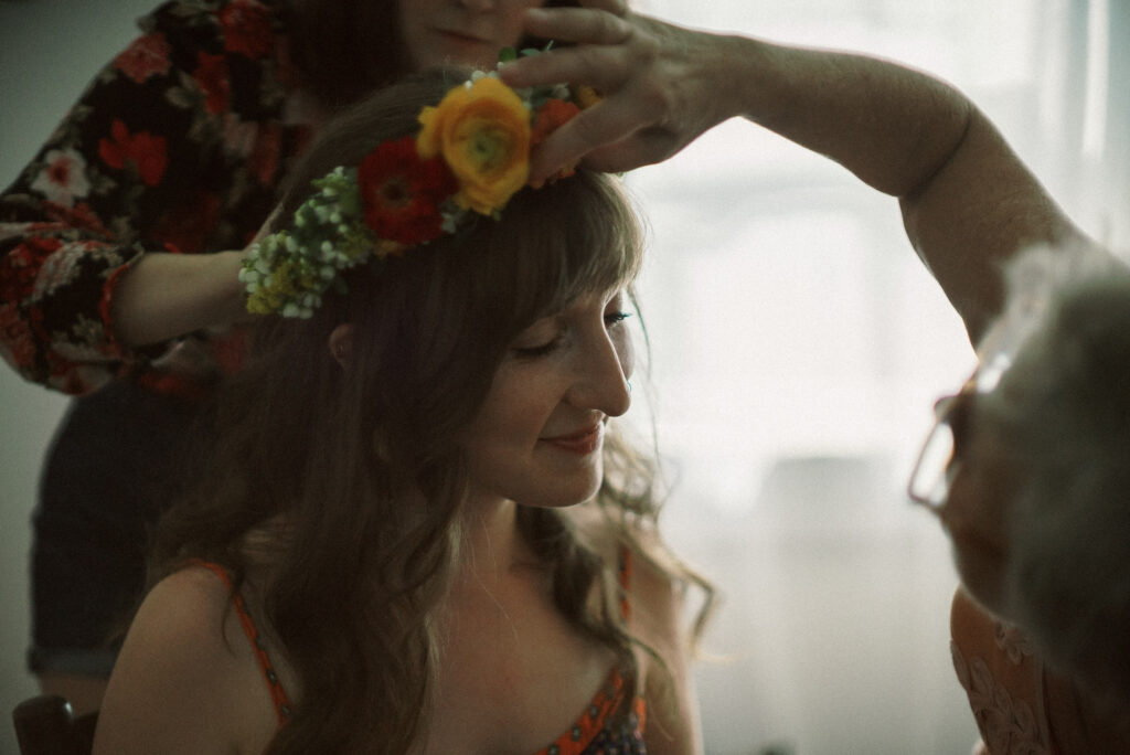 Virginia bride getting ready with flower crown - film look Fujifilm
