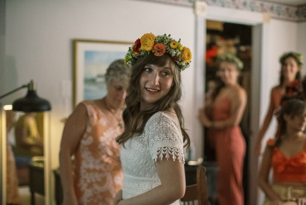 Virginia bride with flower crown getting ready in farmhouse - fujifilm 160C film look