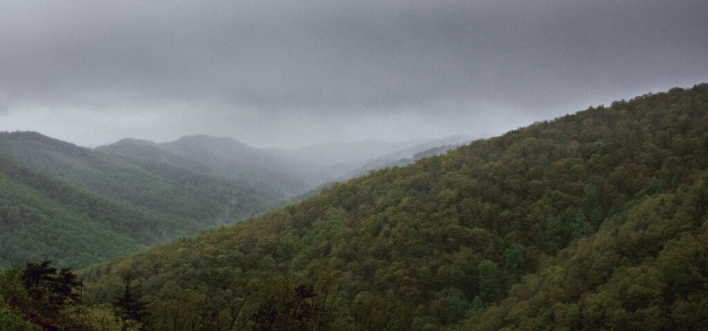 blue ridge mountains and fog on rainy day