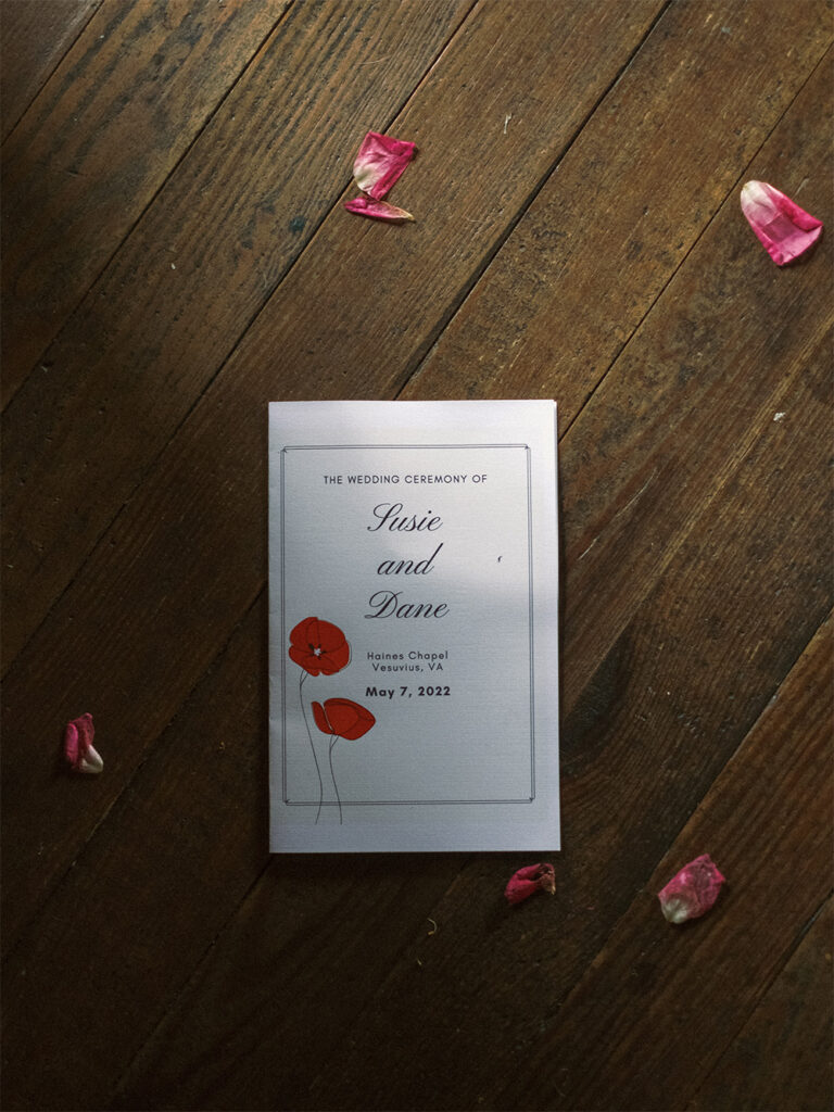 wedding program with rose petals at Haines chapel, Virginia