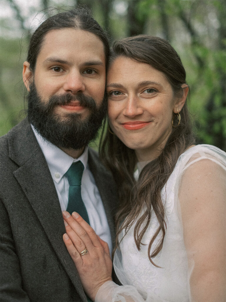wedding portrait of bride and groom on rainy day with natural edit - natural skintones - fuji400h