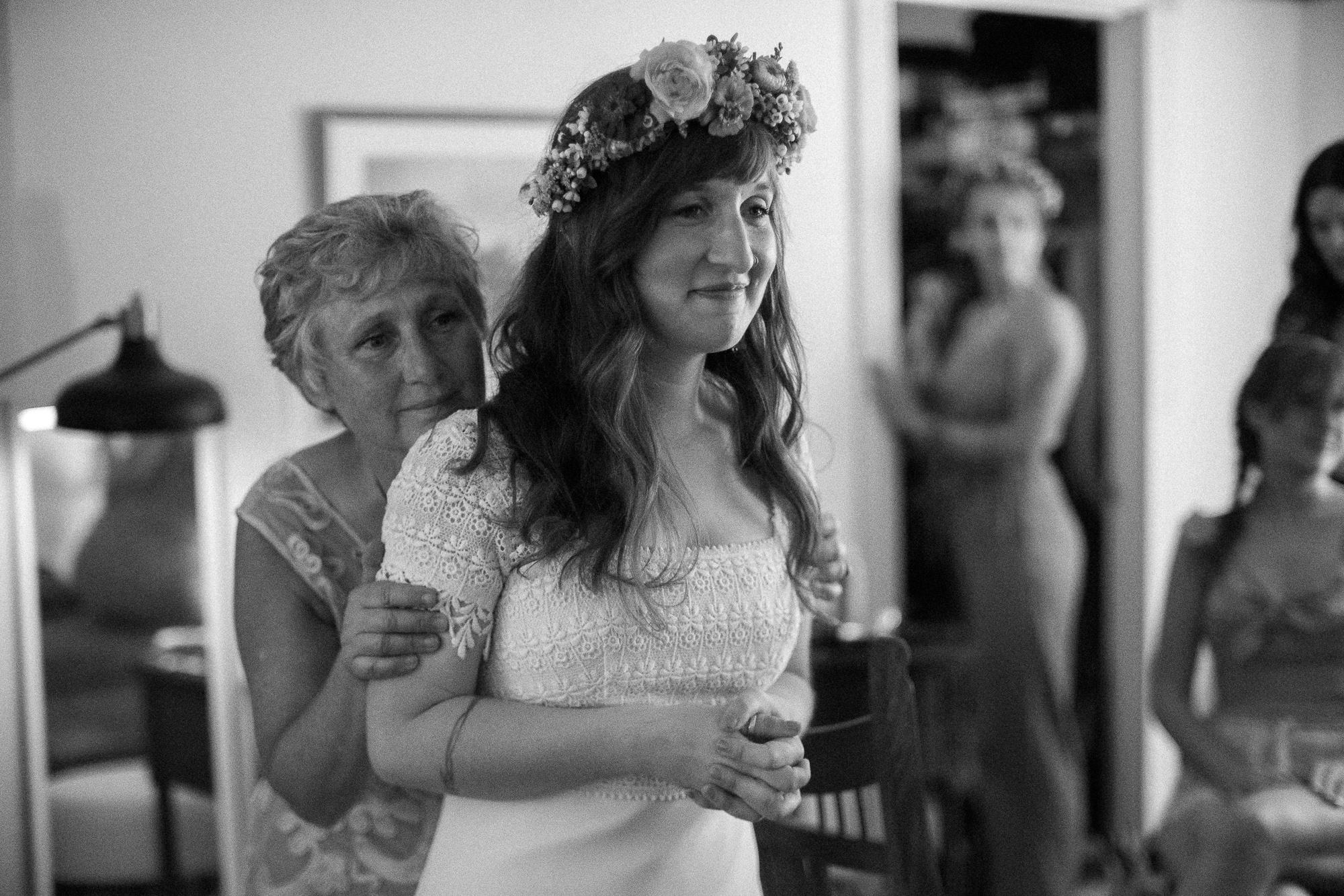 mother and bride intimate moment getting ready for wedding - captured by Virginia documentary wedding photographer - fujifilm classic wedding photo