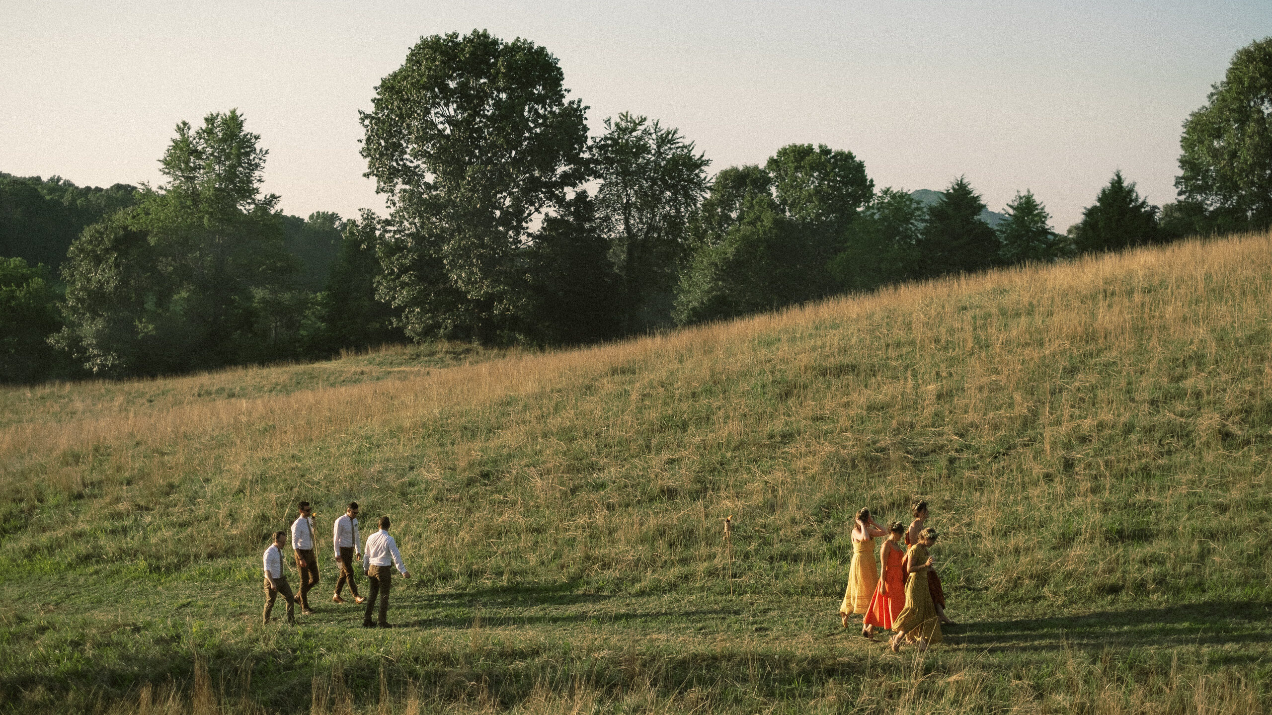 fly on the wall style documentary photography - wedding party walking in field at Virginia backyard wedding